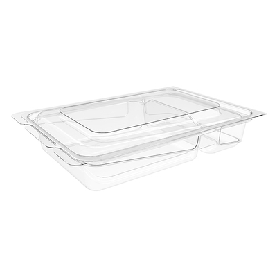 HINGED CLEAR RPET SNACK BOX 3 COMPARTMENTS WITH FLAT LID R-530 7x5x1,4  - Plastic containers